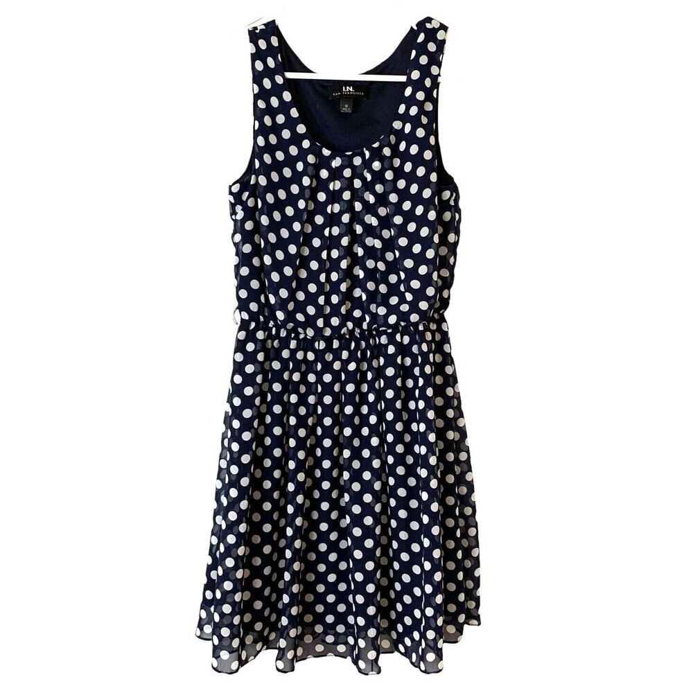 I.N. San Francisco Mini Dress Navy White Polka Dots Fully Lined Pleated Bodice M